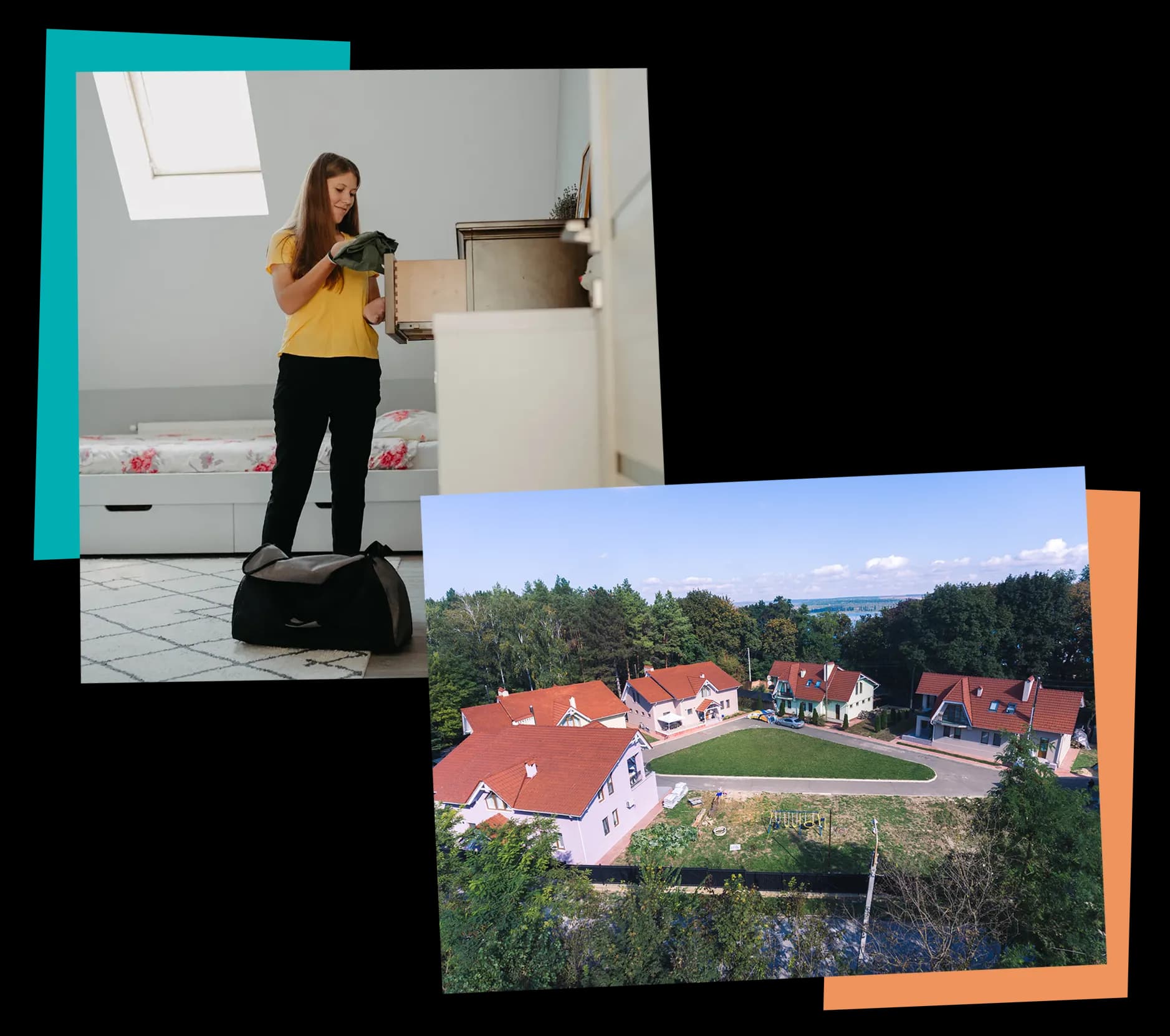 A teen unpacking in her bedroom, and an aerial view of the Vatra Village family homes